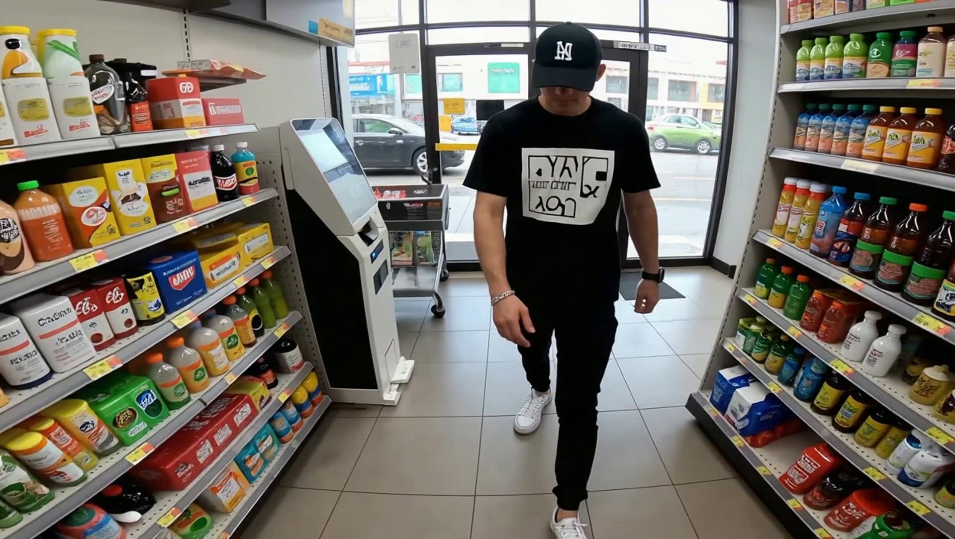 Convenience store interior with high-volume counter and snack aisle
